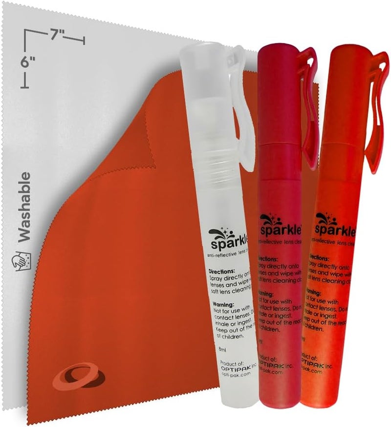 OPTIPAK Sparkle Anti-Reflective Safe Pen Lens Cleaner Spray kit - (3) 0.3oz Glasses Cleaner Pen Spray & (2) Microfiber Cloth for Eyeglasses, Sunglasses, Lenses, Screens and Camera Cleaning Kit (5 Piece Set) - Image 1